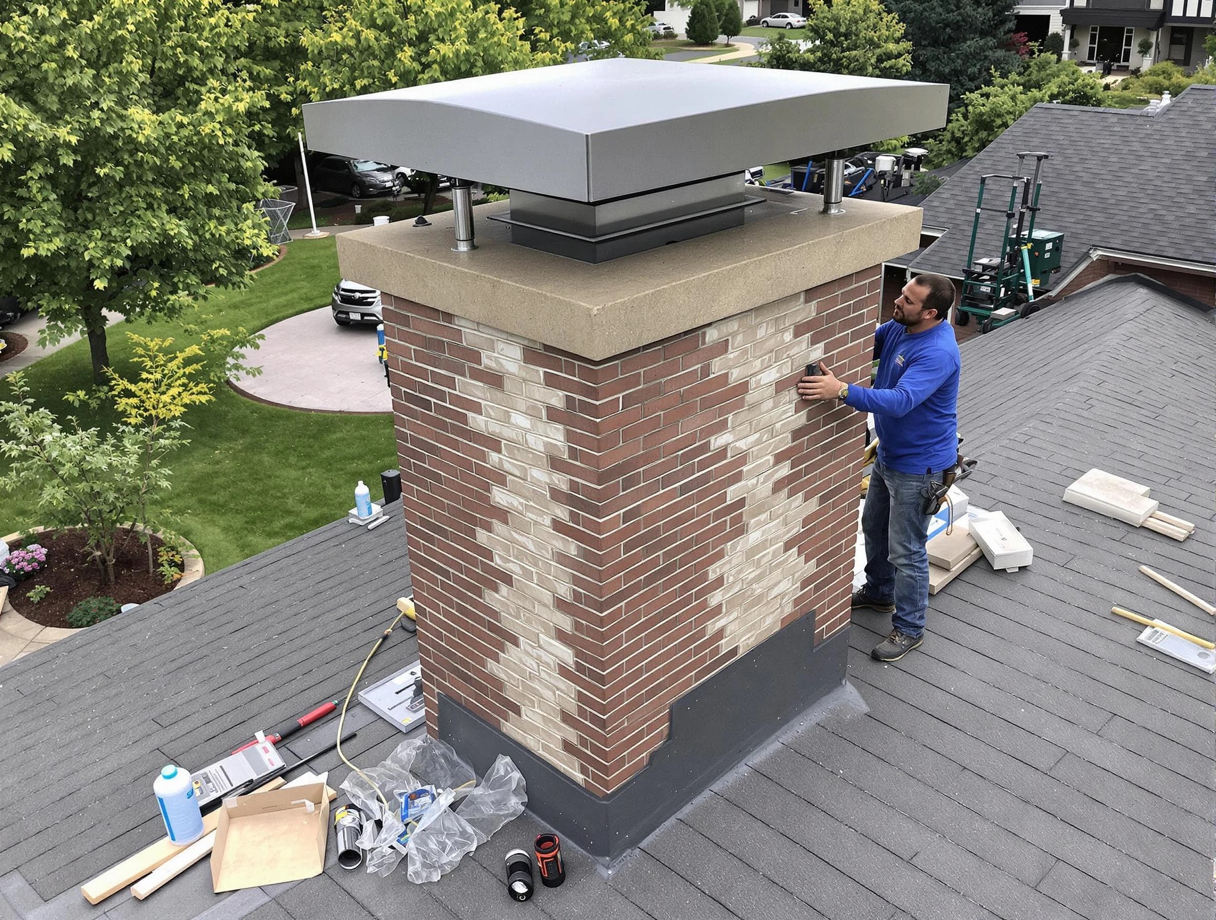Peters Chimney Sweep team working on a custom chimney remodel in Peters, PA
